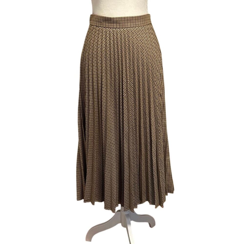 NEW Zara Size S Houndstooth Pleated Midi Skirt Brown Tan Academia